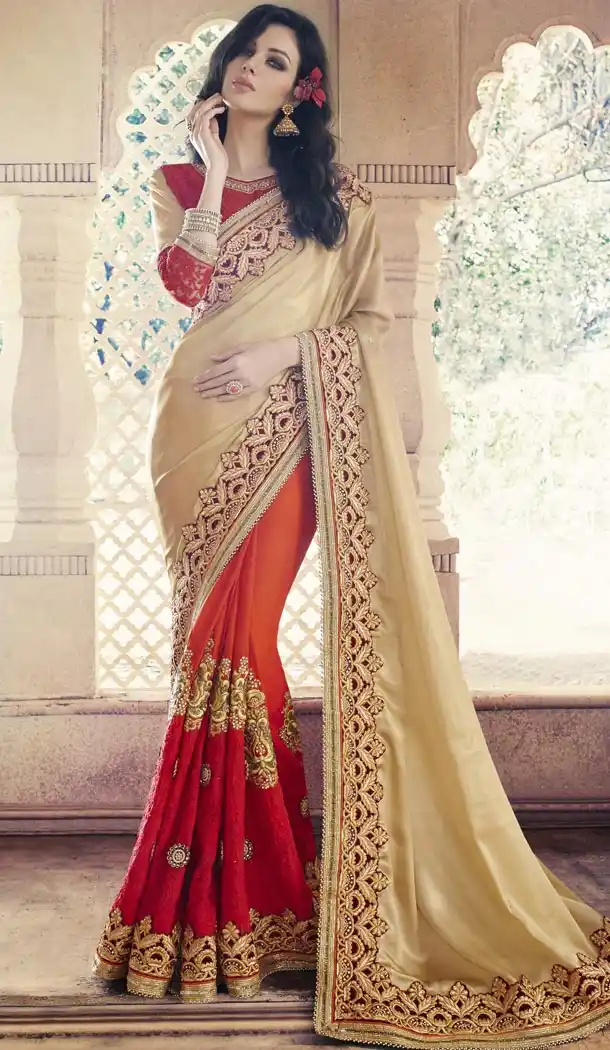 Ladies Party Wear Saris in Georgette and Tan Brown with Stitched Blouse | FH444670066