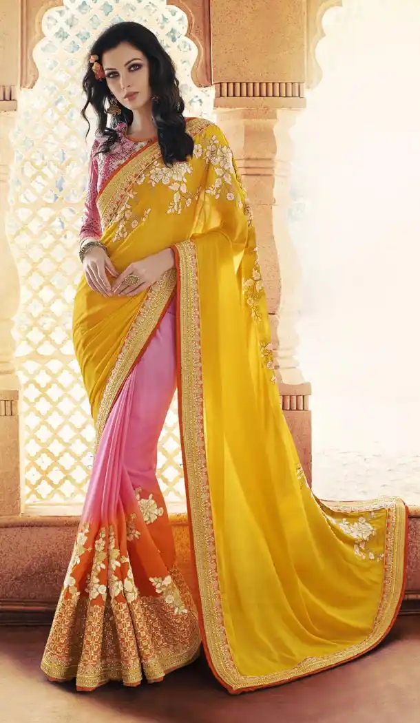 Ladies Party Wear Saris in Georgette and Yellow with Stitched Blouse | FH444670067