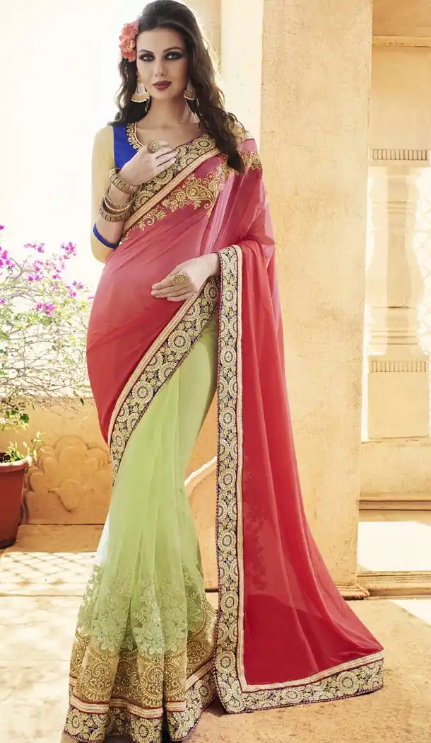 Ladies Party Wear Saris in Georgette and Mint Green with Stitched Blouse | FH444670068