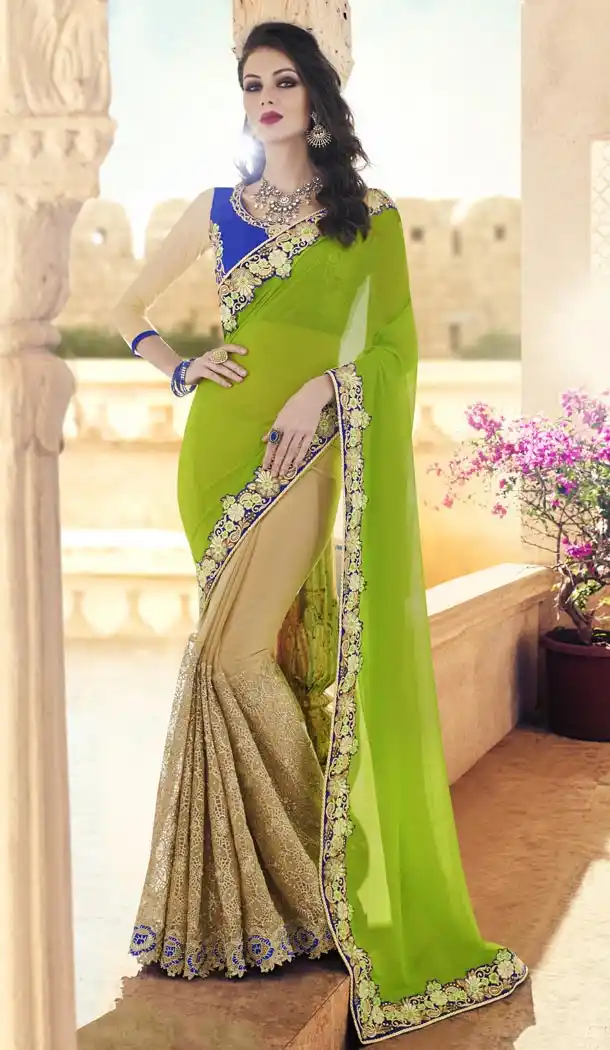 Ladies Party Wear Saris in Georgette and Parrot Green with Stitched Blouse | FH444670070