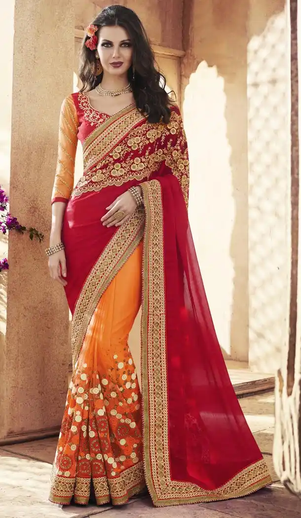 Ladies Party Wear Saris in Georgette and Brick Red with Stitched Blouse | FH444670071