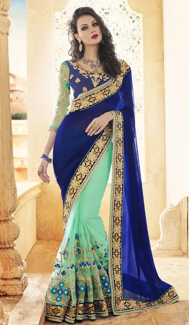Ladies Party Wear Saris in Georgette and Navy Blue with Stitched Blouse | FH444670072