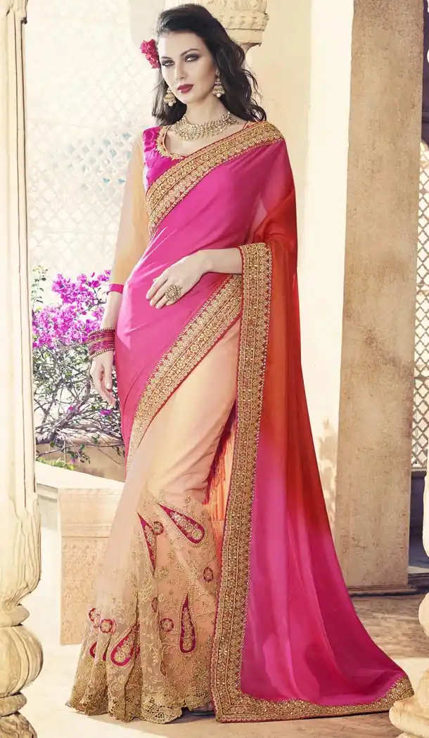Ladies Party Wear Saris in Georgette and Rose Pink with Stitched Blouse | FH444670073