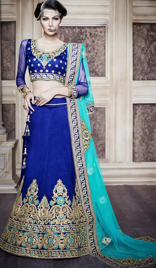 Indian Bridal Wedding Lehenga in Dupioni Raw Silk Royal Blue Color with Stitching | FH444770082