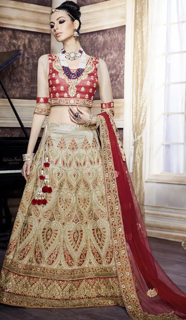 Indian Bridal Wedding Lehenga in Dupioni Raw Silk Tan Brown Color with Stitching | FH444770083