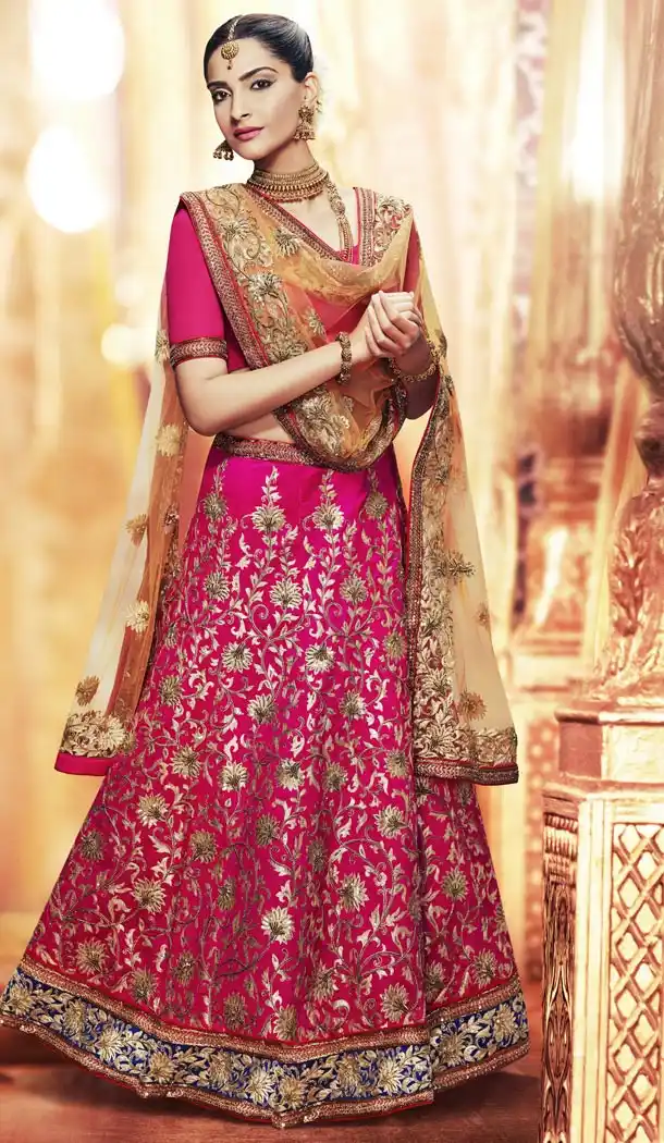 Indian Bridal Wedding Lehenga in Dupioni Raw Silk Deep Pink Color with Stitching | FH444770084