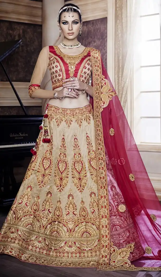 Indian Bridal Wedding Lehenga in Dupioni Raw Silk Tan Brown Color with Stitching | FH444770086