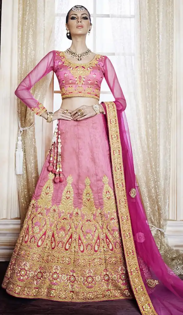 Indian Bridal Wedding Lehenga in Dupioni Raw Silk Rose Pink Color with Stitching | FH444770087