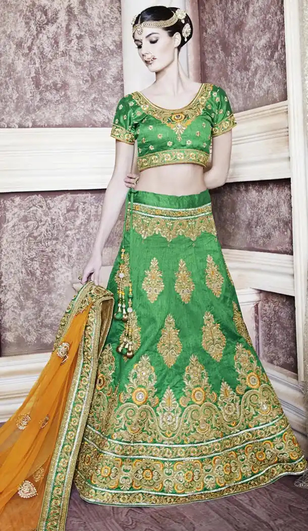 Indian Bridal Wedding Lehenga in Dupioni Raw Silk Chrome Green Color with Stitching | FH444770088
