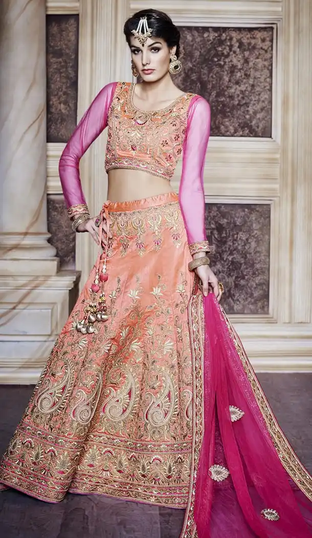 Indian Bridal Wedding Lehenga in Dupioni Raw Silk Mistyrose Color with Stitching | FH444770089