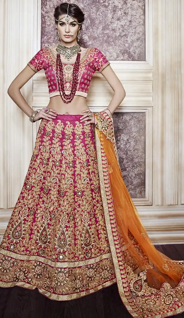 Indian Bridal Wedding Lehenga in Dupioni Raw Silk Magenta Color with Stitching | FH444770090