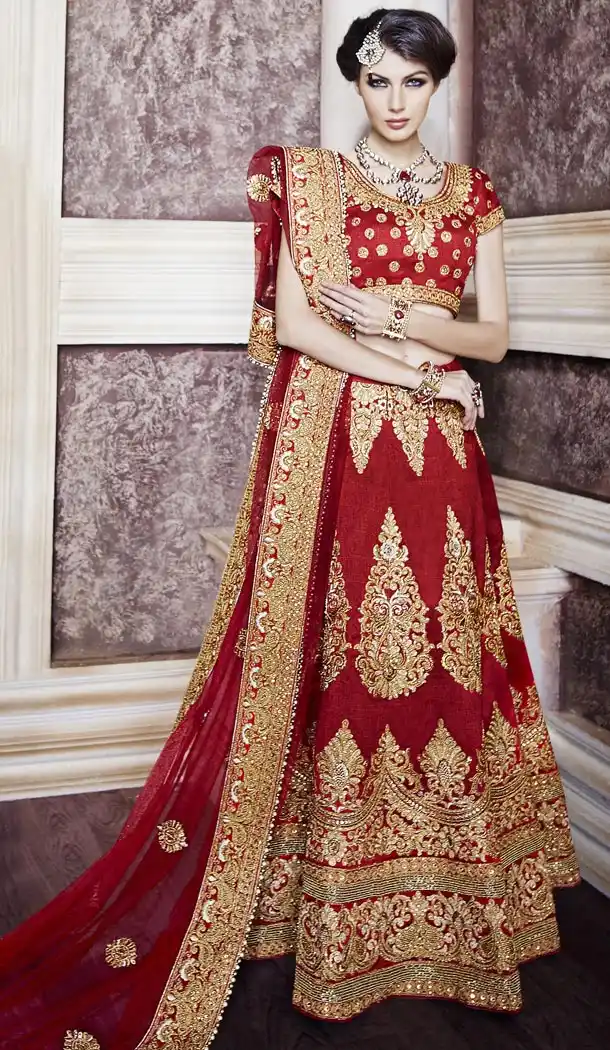 Indian Bridal Wedding Lehenga in Dupioni Raw Silk Brick Red Color with Stitching | FH444770091