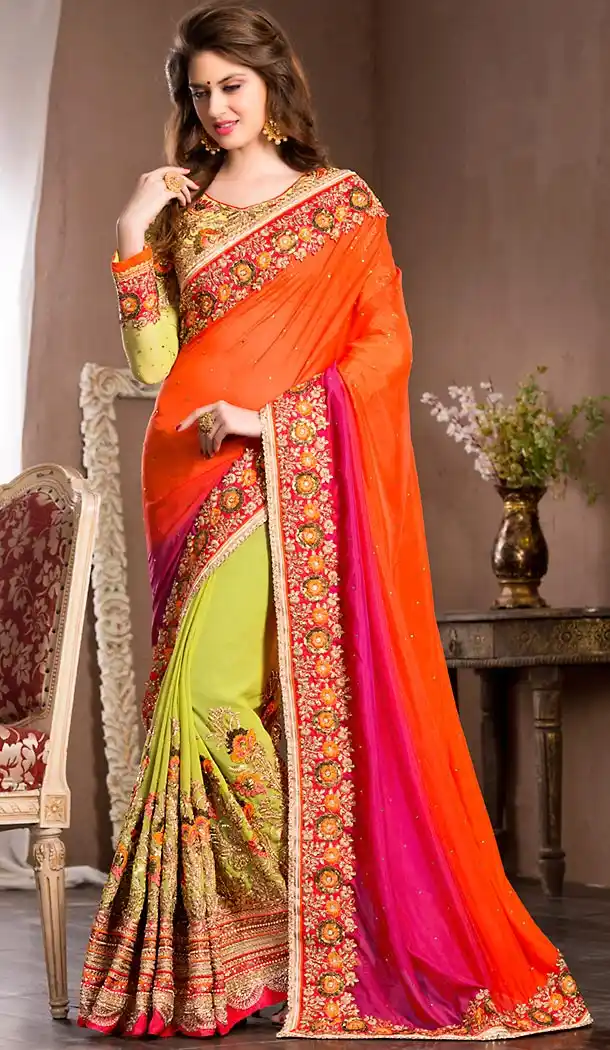 Fancy Designer Saris In Georgette Fabric and Deep Orange Color with Stitched Blouse | FH444870074