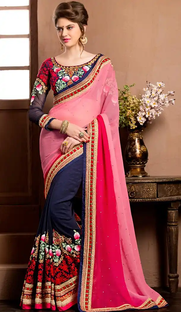 Fancy Designer Saris In Georgette Fabric and Deep Salmon Color with Stitched Blouse | FH444870075