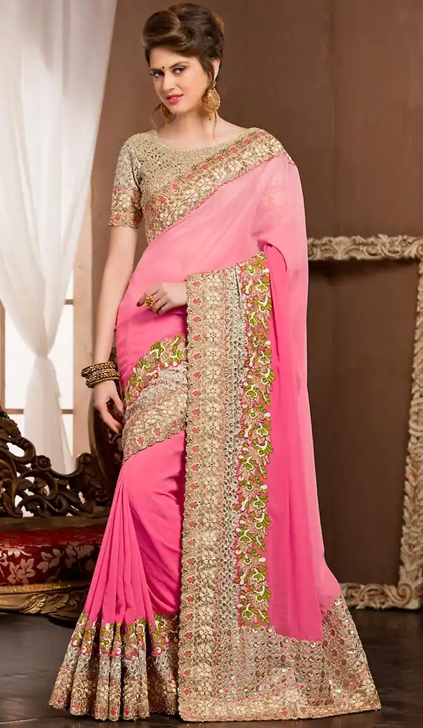 Fancy Designer Saris In Georgette Fabric and Salmon Color with Stitched Blouse | FH444870077