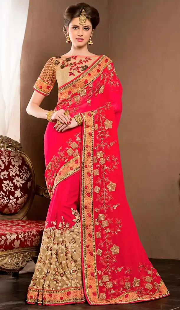 Fancy Designer Saris In Georgette Fabric and Deep Pink Color with Stitched Blouse | FH444870078