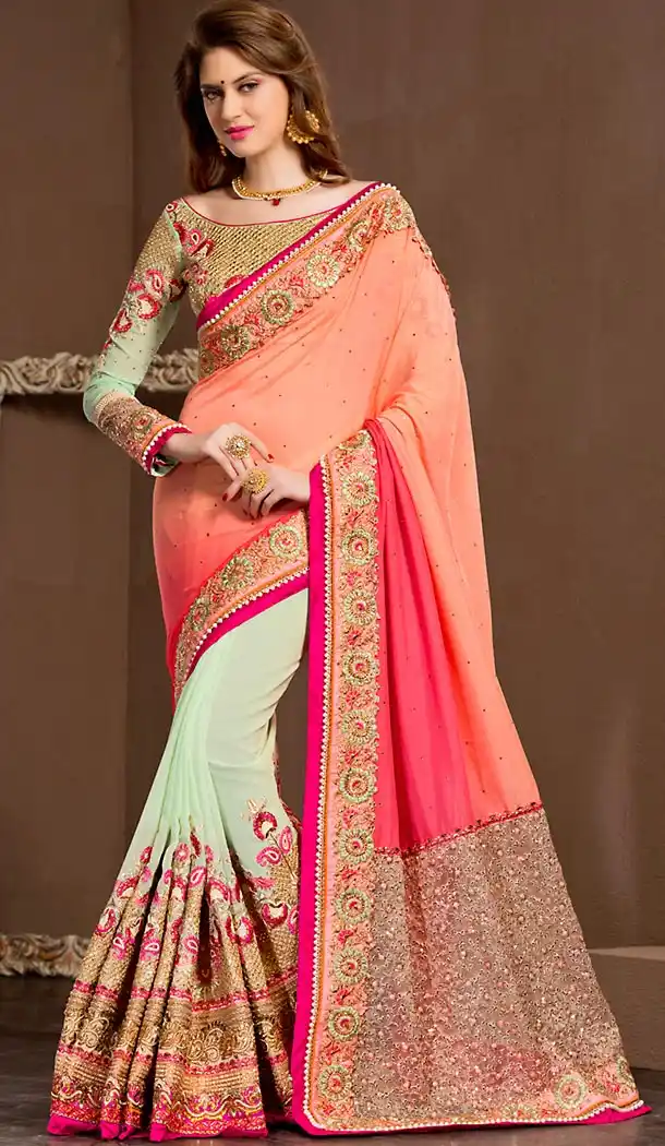 Fancy Designer Saris In Georgette Fabric and Honeydew Color with Stitched Blouse | FH444870079