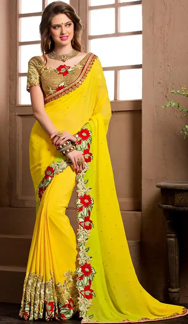 Fancy Designer Saris In Georgette Fabric and Lemon Color with Stitched Blouse | FH444870080