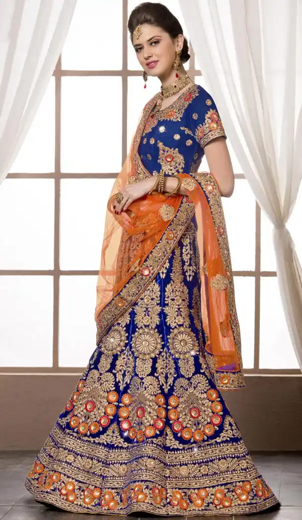 Stunning Bridal Wedding Designer Lehenga in Velvet and Navy Blue Color with Dupatta | FH444970101