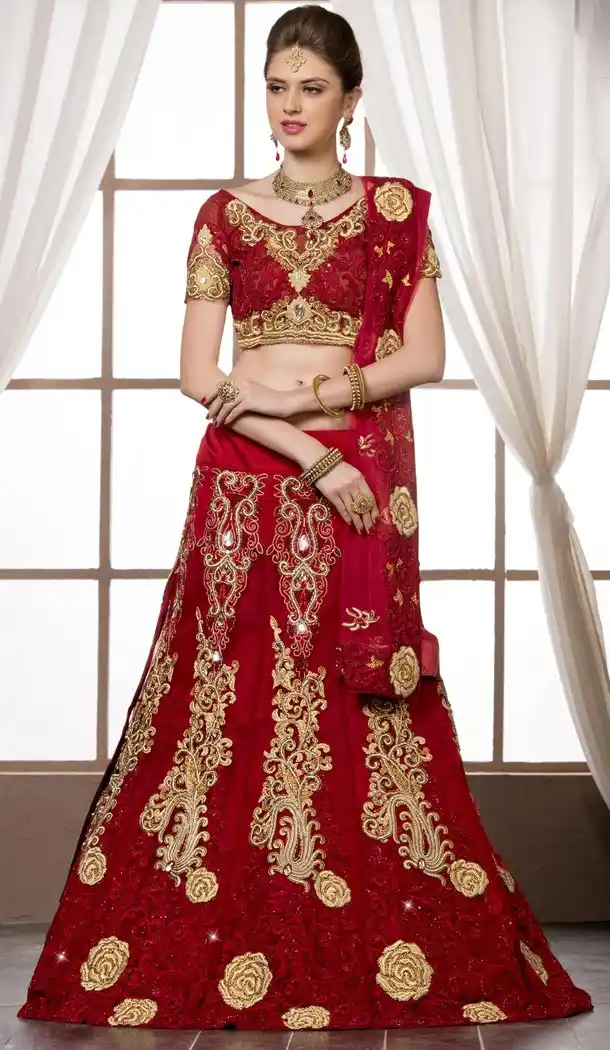 Stunning Bridal Wedding Designer Lehenga in Dupioni Raw Silk Febric and Brick Red Color with Dupatta | FH444970103