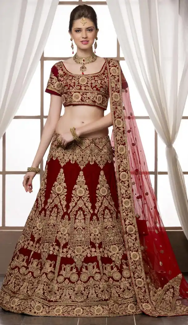 Stunning Bridal Wedding Designer Lehenga in Velvet Febric and Maroon Color with Dupatta | FH444970104