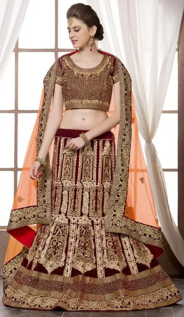 Stunning Bridal Wedding Designer Lehenga in Velvet Febric and Maroon Color with Dupatta | FH444970105