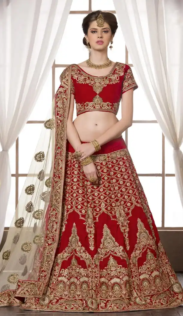 Stunning Bridal Wedding Designer Lehenga in Velvet Febric and Brick Red Color with Dupatta | FH444970107