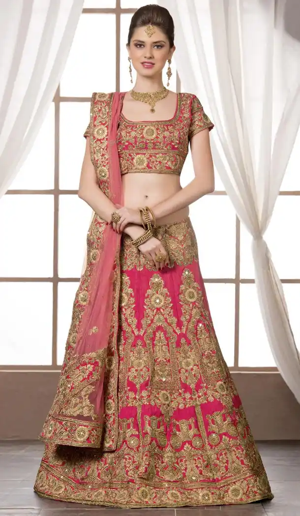Stunning Bridal Wedding Designer Lehenga in Dupioni Raw Silk Febric and Deep Pink Color with Dupatta | FH444970108