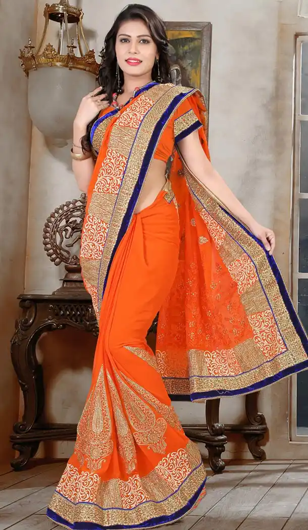 Indian Traditional Georgette Sarees Wedding in Orange Color with Stitched Blouse | FH445270132