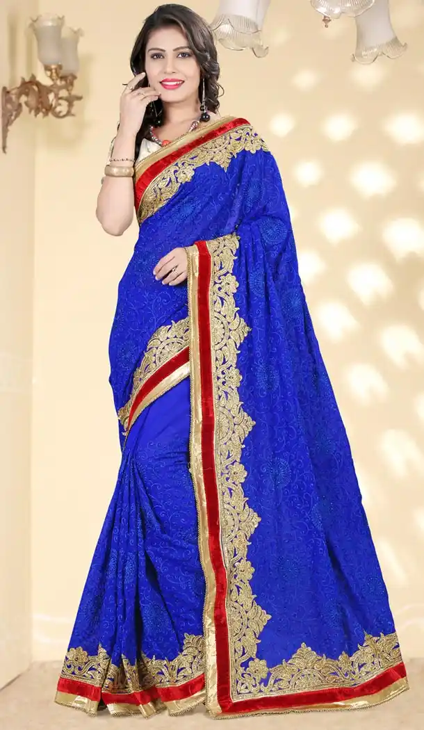 Indian Traditional Georgette Sarees Wedding in Royal Blue Color with Stitched Blouse | FH445270133