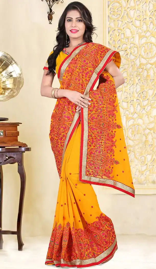 Indian Traditional Georgette Sarees Wedding in Butter Scotch Color with Stitched Blouse | FH445270135