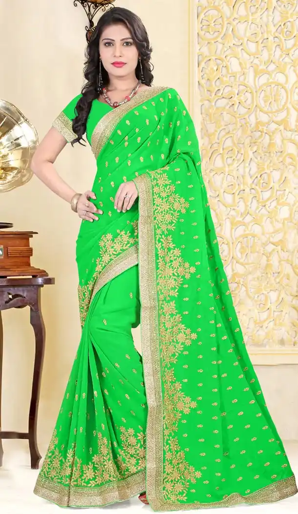 Indian Traditional Georgette Sarees Wedding in Lime Green Color with Stitched Blouse | FH445270136