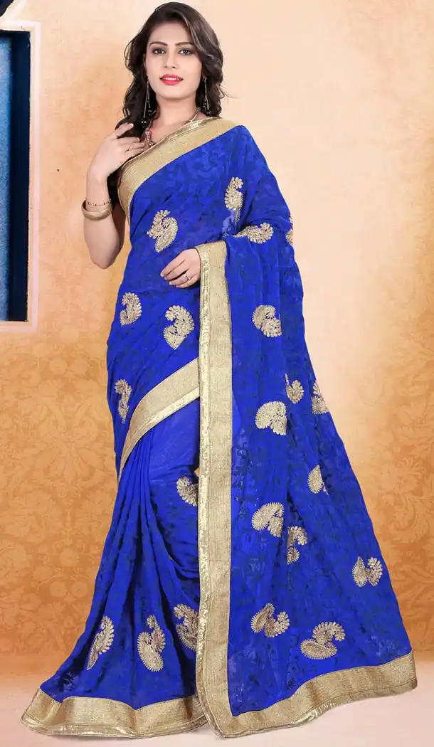 Indian Traditional Georgette Sarees Wedding in Royal Blue Color with Stitched Blouse | FH445270137