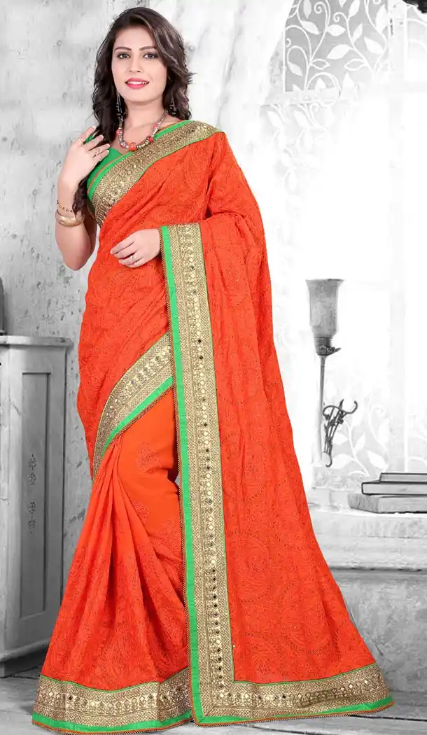 Indian Traditional Georgette Sarees Wedding in Deep Orange Color with Stitched Blouse | FH445270137