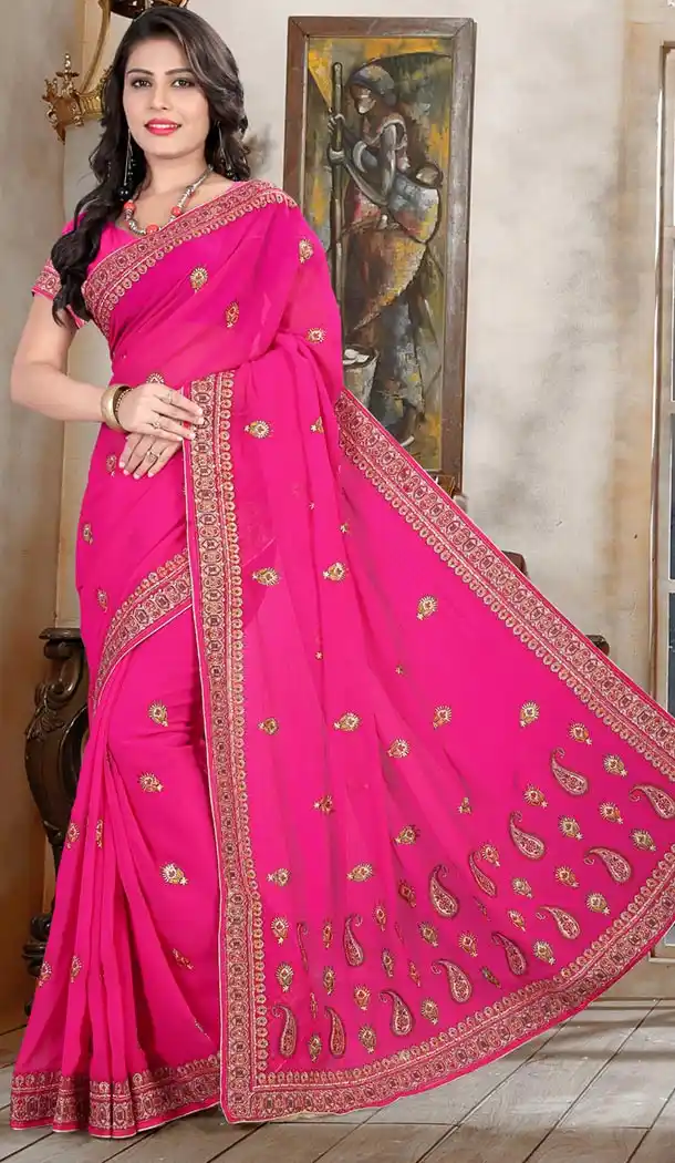 Indian Traditional Georgette Sarees Wedding in Deep Pink Color with Stitched Blouse | FH445270138