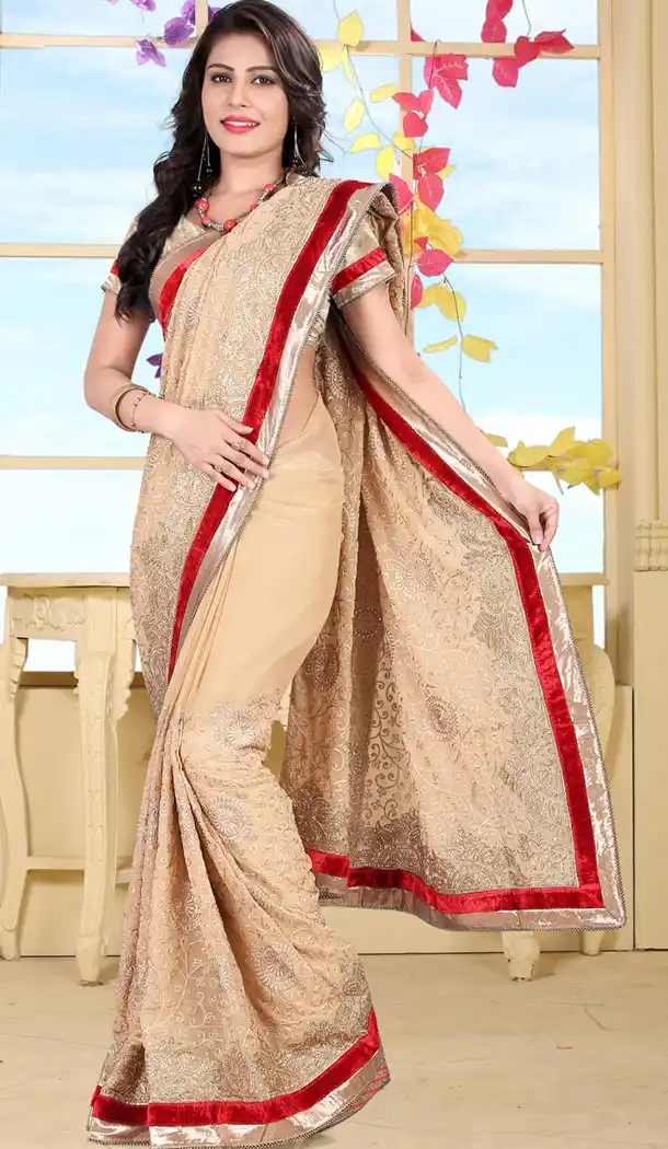 Indian Traditional Georgette Sarees Wedding in French Beige Color with Stitched Blouse | FH445270140
