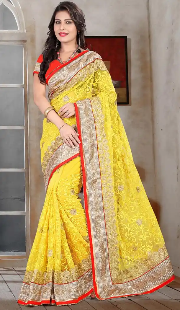 Indian Traditional Net Sarees Wedding in Yellow Color with Stitched Blouse | FH445270141