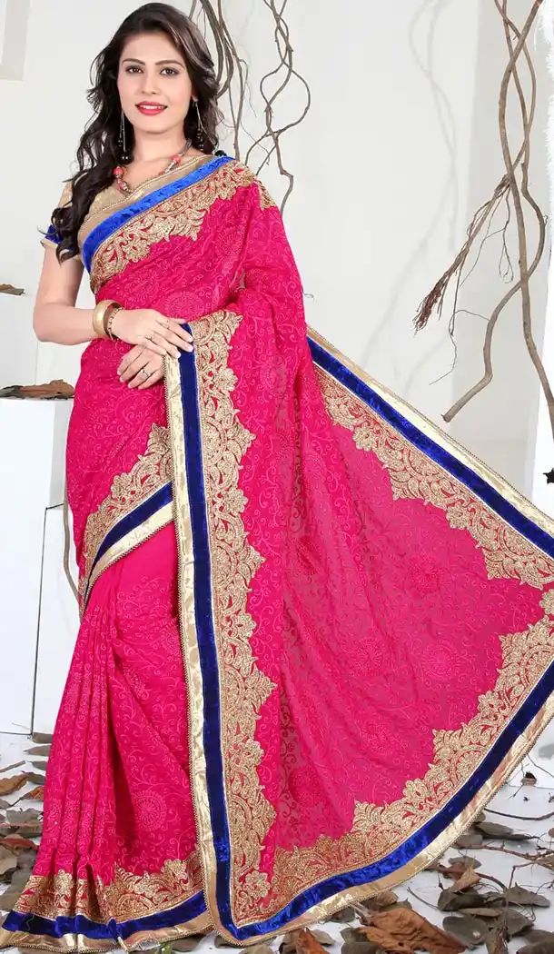 Indian Traditional Georgette Sarees Wedding in Deep Pink Color with Stitched Blouse | FH445270143