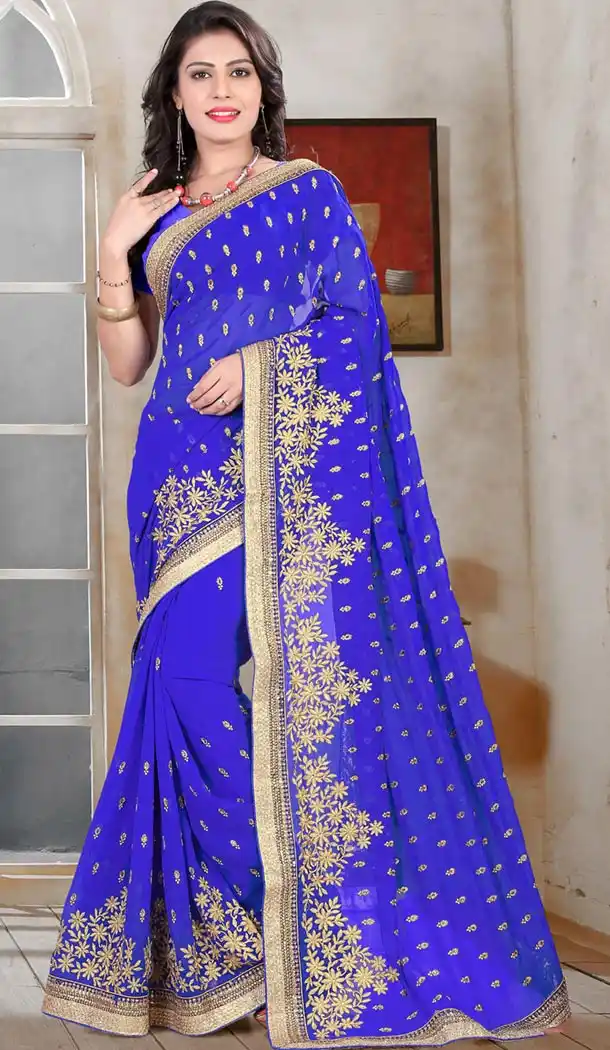 Indian Traditional Georgette Sarees Wedding in Royal Blue Color with Stitched Blouse | FH445270144