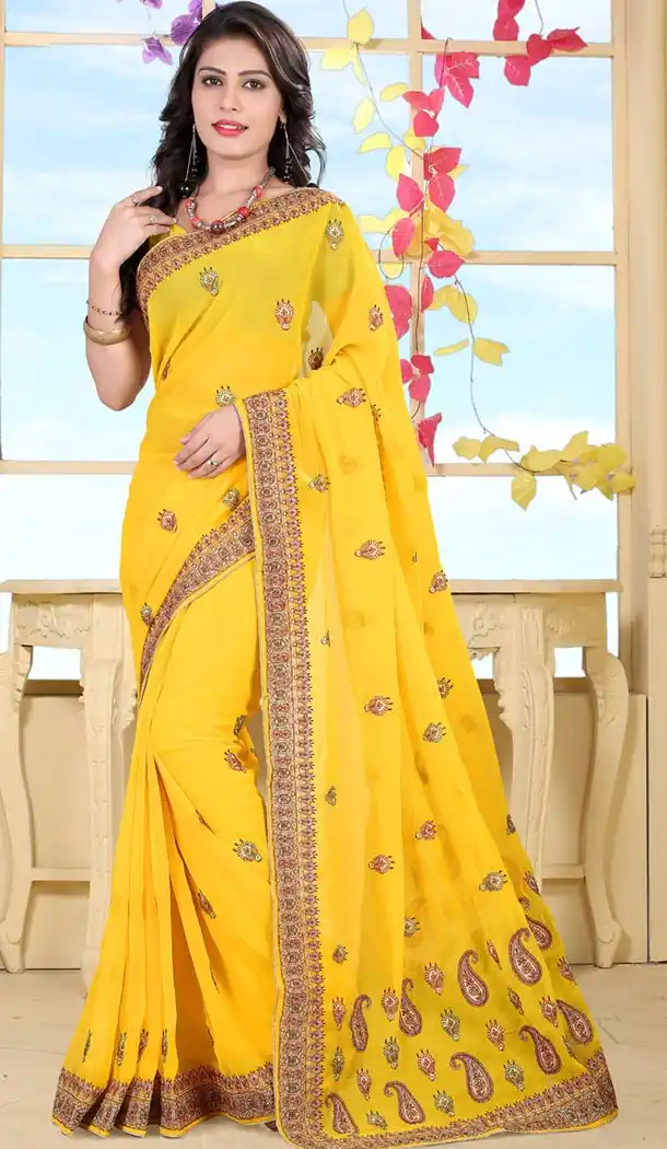 Indian Traditional Georgette Sarees Wedding in Yellow Color with Stitched Blouse | FH445270145