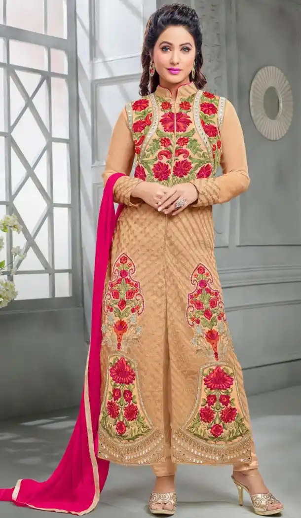 Pakistani Casual Stitched Dresses in Georgette Fabric and Tan Brown Color with Dupatta | FH445470174