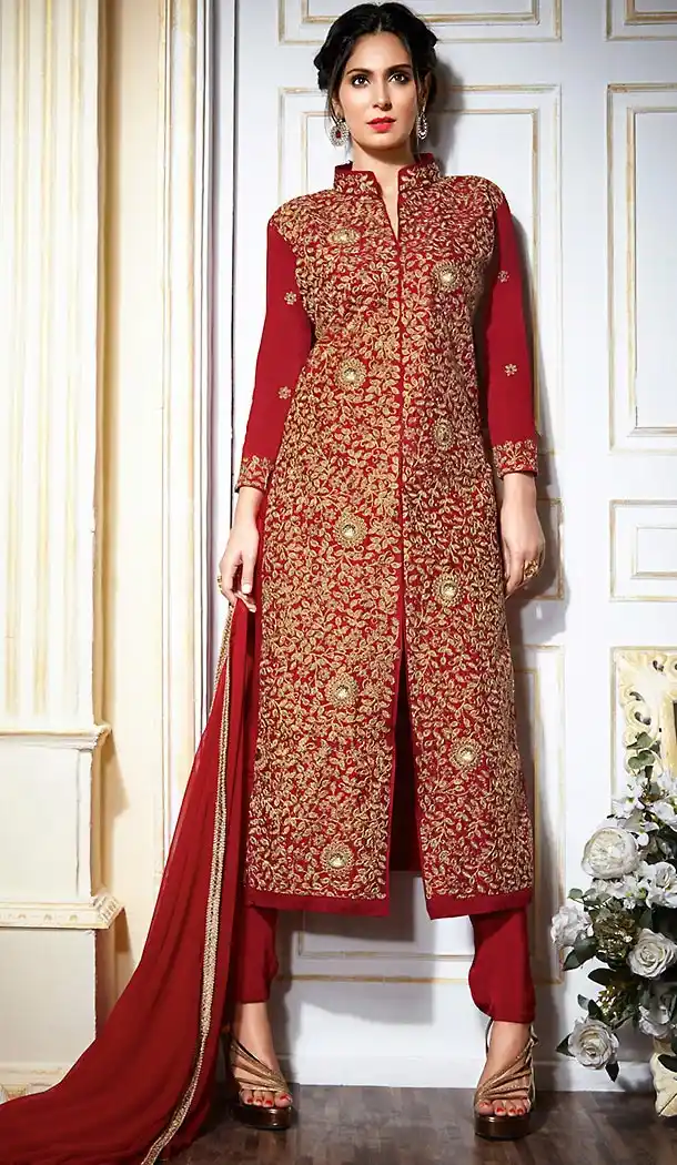 Pakistani Style Party Wear Stitched Dresses in Silk Fabric and Maroon Color with Dupatta | FH445570178