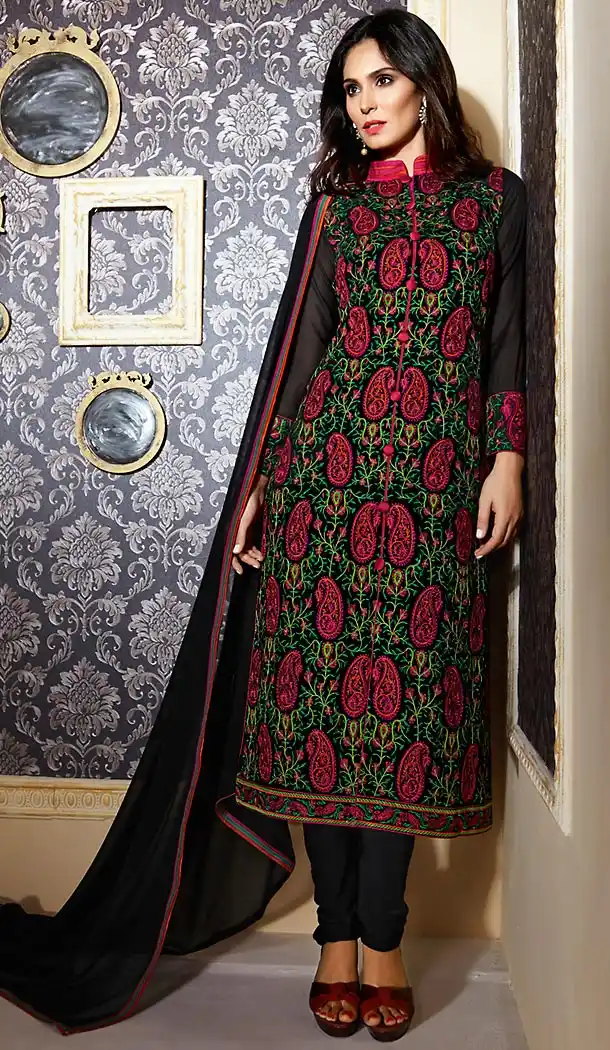 Pakistani Style Party Wear Stitched Dresses in Georgette Fabric and Black Color with Dupatta | FH445570180