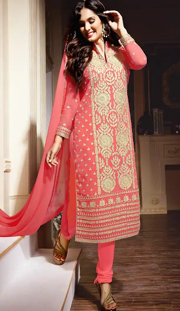 Pakistani Style Party Wear Stitched Dresses in Georgette Fabric and Salmon Color with Dupatta | FH445570181