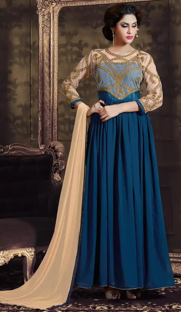 Pakistani Style Party Wear Stitched Dresses in Georgette Fabric and Navy Blue Color with Dupatta | FH445870206