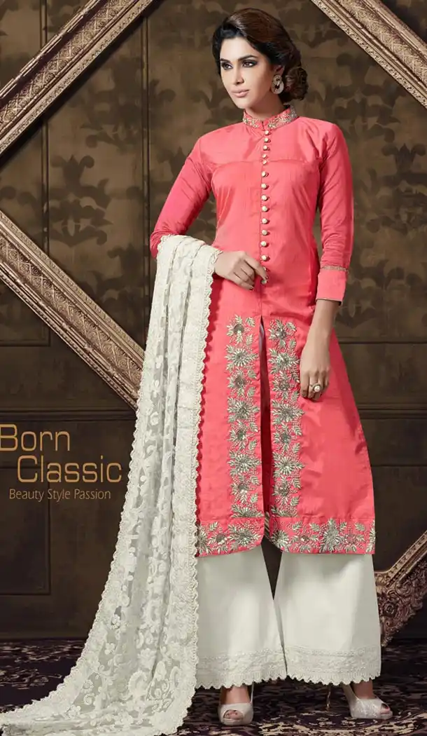 Pakistani Style Party Wear Stitched Dresses in Georgette Fabric and Salmon Color with Dupatta | FH445870208