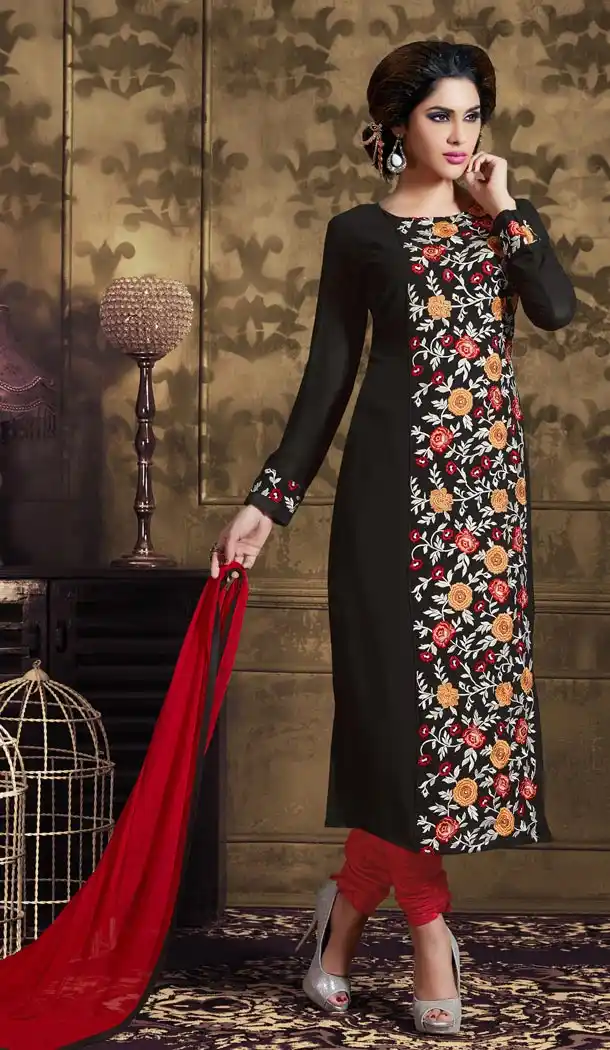 Pakistani Style Party Wear Stitched Dresses in Georgette Fabric and Black Color with Dupatta | FH445870210