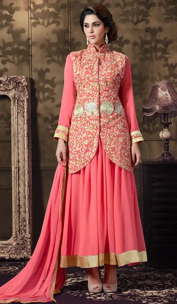 Pakistani Style Party Wear Stitched Dresses in Georgette Fabric and Salmon Color with Dupatta | FH445870215