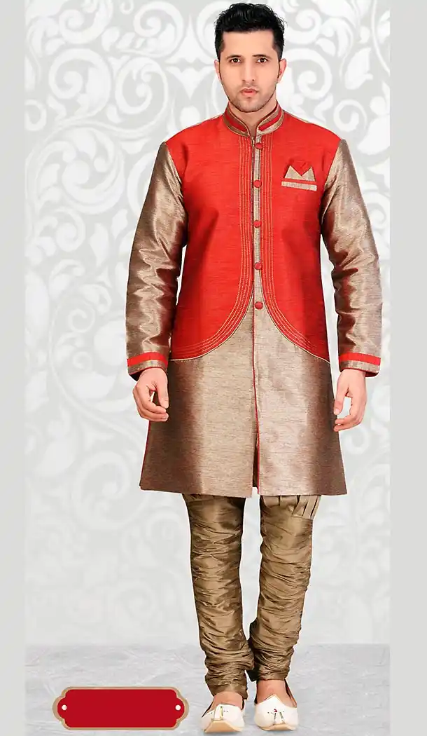 Deep Scarlet Color Dupioni Raw Silk Mens Indo Western with Bridges | FH446370252