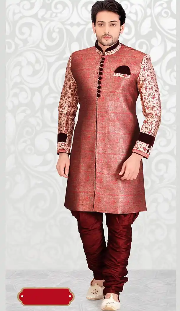 Red Color Dupioni Raw Silk Mens Indo Western with Bridges | FH446370254